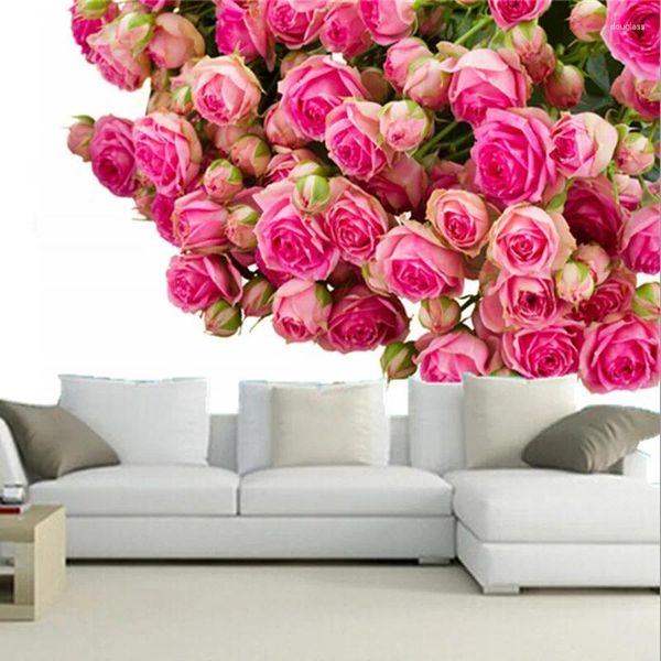 Sfondi Murales 3D personalizzati Rose Molti fiori di colore rosa Papel De Parede Soggiorno Divano TV Parete Camera da letto Carta