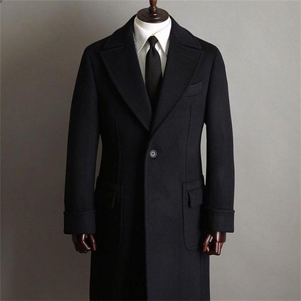 Lã masculina mistura de tweed negro mass ternos formais de blazer formal feito fumando groomsman wollen jacket pico de lapela de lapela longa sobretudo