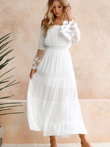 Vestidos casuais primavera verão verão elegante e sem costas maxi vestido mulheres moda feminino fora de ombro de renda fada vasescasual