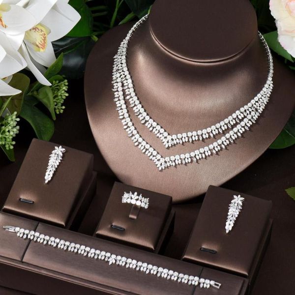 Halskette Ohrringe Set HIBRIDE Wassertropfen CZ Braut Hochzeit 4 STÜCKE Anhänger Für Frauen Party Zubehör Parure Bijoux Femme N-790