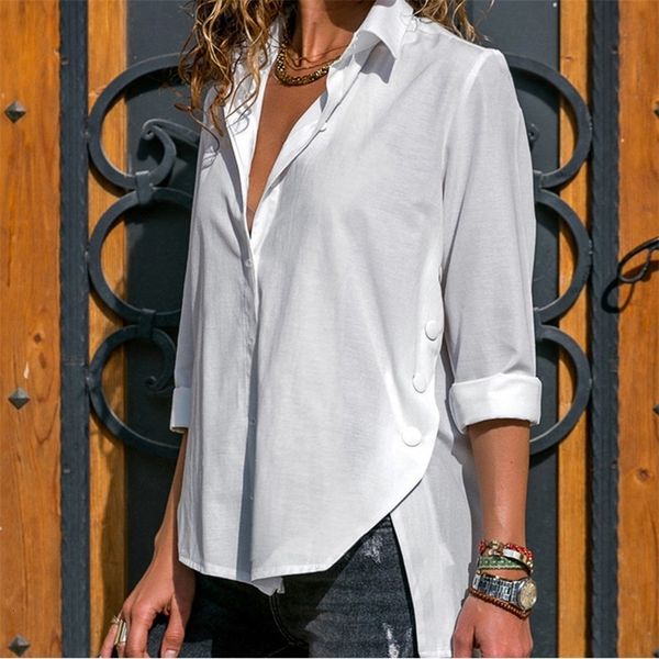 Женские блузкие рубашки шифоновые нерегулярные рубашка женская весенняя черно -белая воротника поло с длинным рукавом летняя боковая сплит -топ плюс размером 5xl 230406