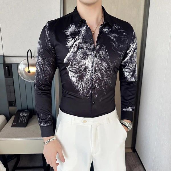 Herren-Freizeithemden, hochwertiges 3D-Löwen-bedrucktes Hemd für Herren, langärmelig, Slim-Fit, Business-Kleidung, Social-Party-Bluse