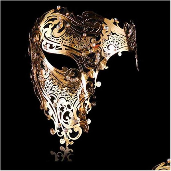 Maschere per feste Moda Cosplay Maschera di Halloween Nero Sier Strass Phantom Metallo Filigrana Oro veneziano Rosso Mezza faccia Drop Delivery Ho Dhg1B