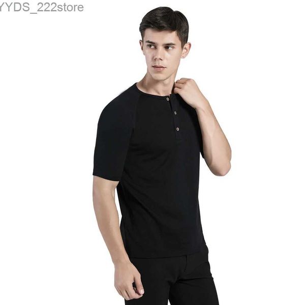 Herren-T-Shirts, Herren-Merinowolle-Henley-T-Shirt, 100 % Merinowolle, Man Performance Everday Sports Outdoor-T-Shirt, Moiré-Ableitung, Größe S-XL, YQ231106