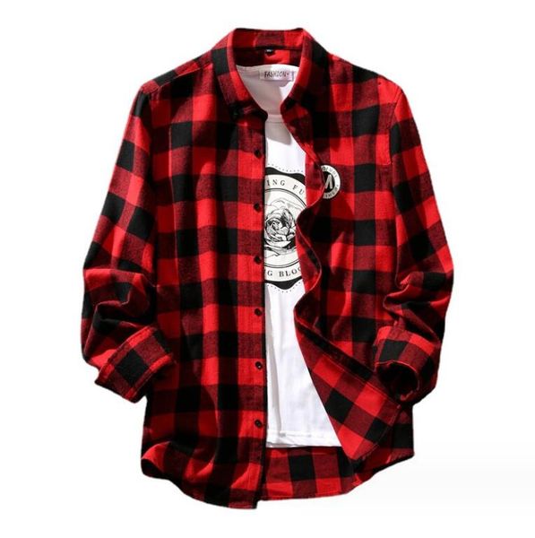 Nova camisa casual masculina outono casual xadrez flanela camisa masculina de mangas compridas no peito dois bolsos design moda impressa-gola virada para baixo camisa de botão M-3XL