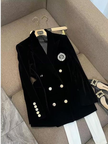 Terno versátil feminino comprimento médio trench coats solto luxo preto vintage veludo duplo breasted terno blazer jaqueta casacos pluz tamanho 2xl