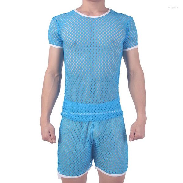 T-shirt da uomo Set di vestiti da uomo Sexy trasparente a maniche corte Top casual Mesh traspirante Pantaloncini larghi Pantaloni pigiama
