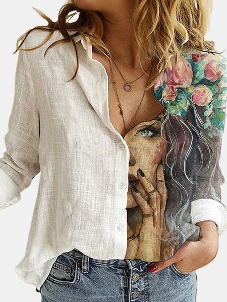 Damen Blusen Hemden Loose Vintage Digital Portrait Print Damenhemd Casual Button Cardigan Herbststil Damenhemd Ropea De Mujer 230406