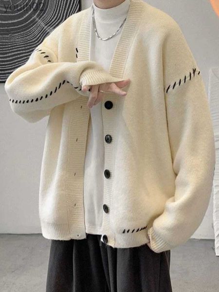 Erkek Sweaters Erkek Giysisi Ceket V Boyun Erkekler İçin Beyaz Coat Kore Moda Sokağı Klasik Fit Örgü 2023 S Sonbahar YQ231106