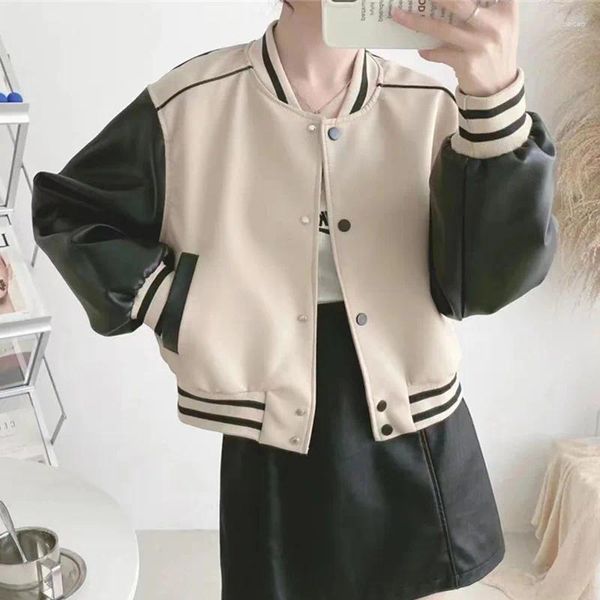 Damen Leder Harajuku Kontrastfarbe Baseballjacke Damen Schwarz Kurz Faux PU Mantel Frühling Lose Langarm Bomber Streetwear