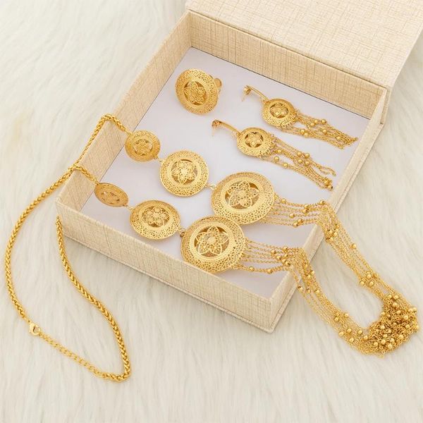 Halskette Ohrringe Set YM 7 Schichten mit Geschenkbox für Frauen trendiger Schmuck Quaste afrikanischer Maxi-Kragenkette verstellbare Ringe