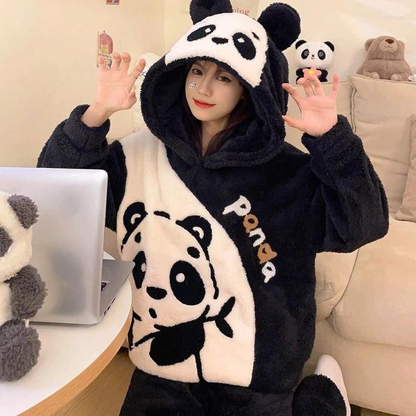 Indumenti da notte da donna Inverno Addensare Pigiama Set Donna Corallo Pigiama in pile Cartoon Panda Con cappuccio Homewear Pigiama Completo