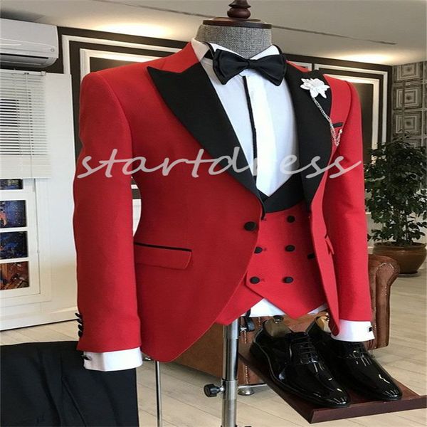 Slim vermelho com ternos de casamento preto pico lapela traje homme sob medida roupa de baile blazer 3 peças terno masculino masculino smoking duplo botão colete coreano terno do noivo