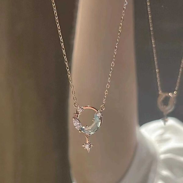 Sonho perseguindo estrela rio colar feminino japonês versão coreana moda luz zircon lua pingente colar corrente personalizado versátil