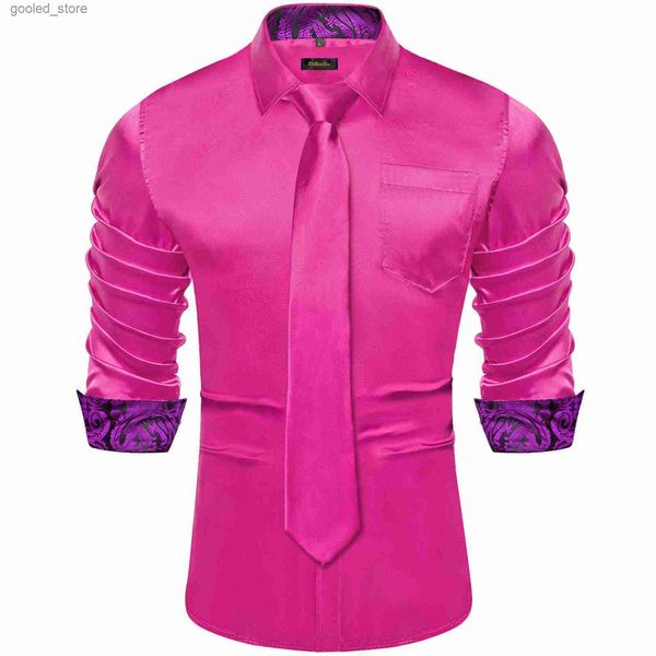 Camicie casual da uomo Camicie in raso elasticizzato di design rosa caldo per uomo Splicing Paisley Colori contrastanti Abbigliamento uomo Camicie sociali da uomo a maniche lunghe Q231106