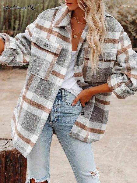 Frauen Blusen Flanell Warme Frauen Plaid Shirts Street Style Chic Taschen Weibliche Woolen Und Tops Casual Herbst Winter