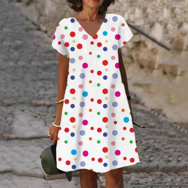 Sıradan Elbiseler Bayanlar Moda Vardiya Elbise 2023 Yaz Sonbahar V Boyun Kısa Kol Polka Dot 3D Baskı Diz Uzunluğu Gevşek