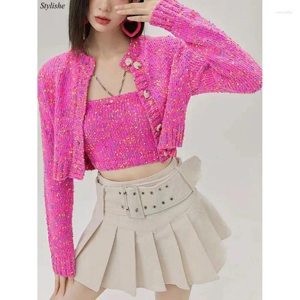 Maglieria da donna Autunno Donna Due pezzi Stile coreano O Collo Cropped Lavorato a maglia Cardigan rosa Slim senza spalline Lace Up Y2K Canotta Donna Chic