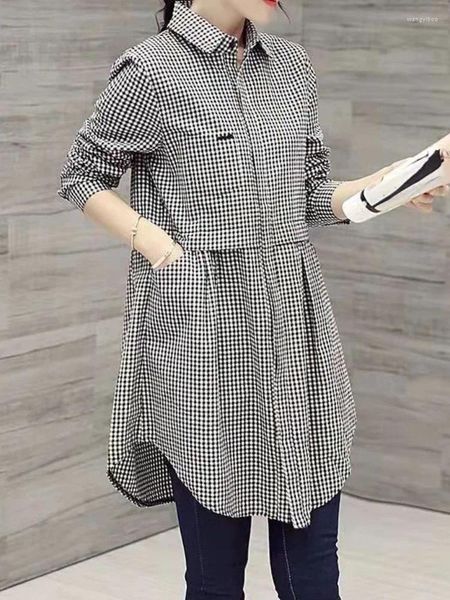 Blusas femininas plus size moda coreana camisa preta xadrez botão sólido midi outono conjunto completo solto manga longa polo pescoço
