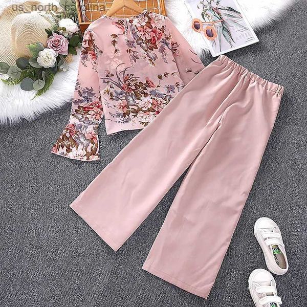 Conjuntos de roupas meninas conjuntos 8-12 anos rosa impresso manga longa topo rosa calças para meninas estilo ternos conjuntos de roupas casuais r231106