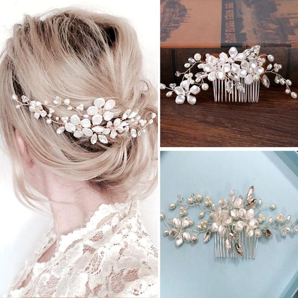 Clipes de cabelo barrettes pente de pérolas feitas à mão para noiva Branca Flor de cobre Fio toucado
