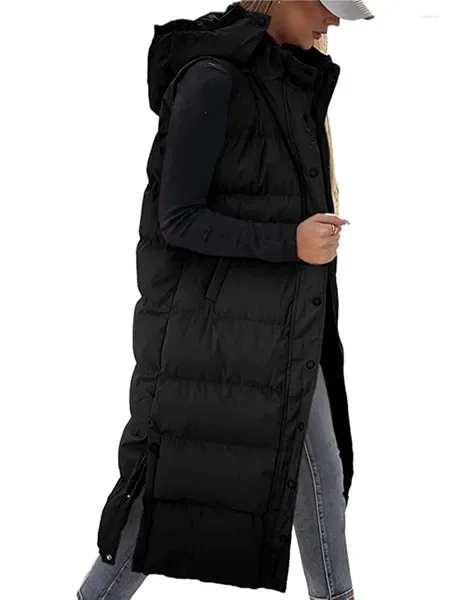 Coletes femininos Mulheres Long Puffer Vest Zipper Sleveless Hooded Down Jacket Quente Inverno Windbreakers Casaco