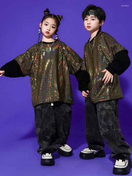 Stage di Usura 2023 Costumi di Danza Jazz per Bambini Paillettes Gialli Top Pantaloni Larghi Vestito Delle Ragazze Dei Ragazzi Vestiti di Prestazione Hip Hop DN16532