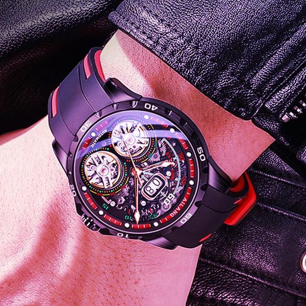 Bilek saatleri çifte tourbillon spor erkekleri saatler silikon kayış analog izle ordusu askeri su geçirmez otomatik mekanik erkek clock -wristw