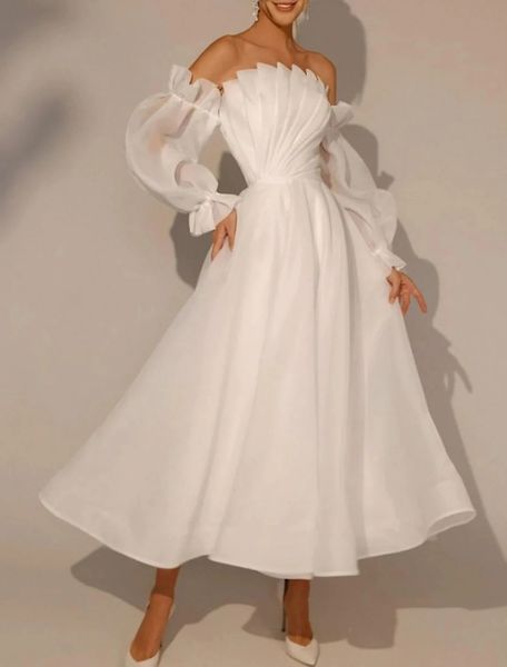 Bridal Shower Piccolo abito da sposa bianco 2024 Lunghezza caviglia A-Line Manica lunga senza spalline Organza Abiti da sposa Abiti da sposa