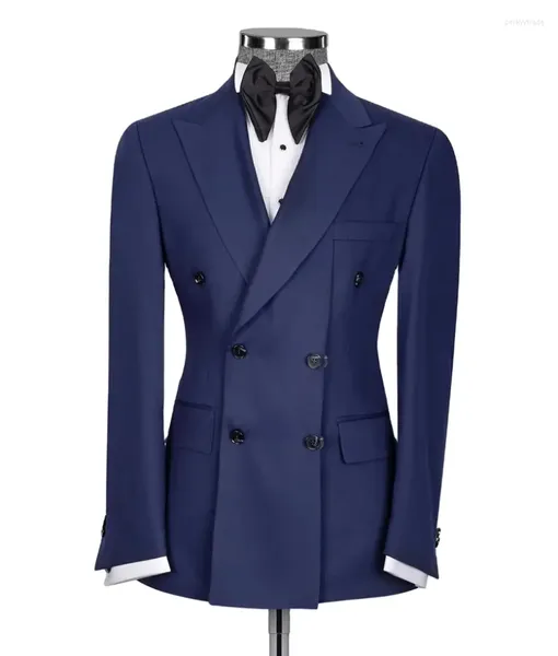 Abiti da uomo Classico Blu Navy Uomo Custom Made Slim Fit Risvolto con visiera Blazer Doppiopetto Party Prom Coat Wedding Set da uomo Smoking