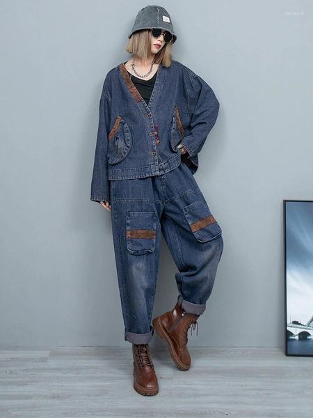 Damen Zweiteilige Hose Retro Casual Patch Große Taschen Vintage V-Ausschnitt Jeansjacke Hohe Taille Harem Zweiteiliger Mode Streetwear Anzug