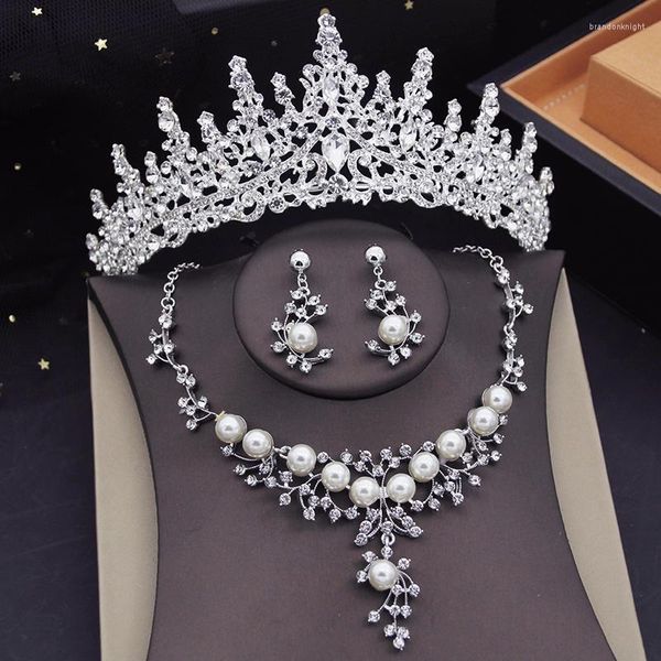 Серьги ожерелья устанавливают серебряный цвет хрустальные тиары свадебные для женщин с этим жемчуж