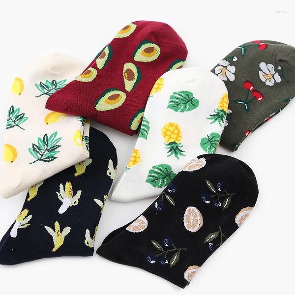 Damensocken Damenmode Happy Fruits Zitrone Avocado Ananas Kirsche Heidelbeere Orange Gardenien Bananenblätter Dropship