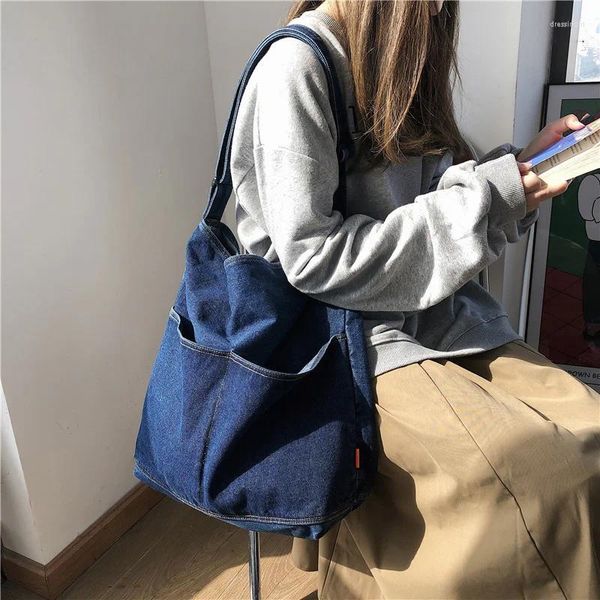 Evening Bags Women's Lazy Style Denim Canvas Shoulder Bag Korean Version Retro College Leisure Shopping Large Capacity Crossbody
