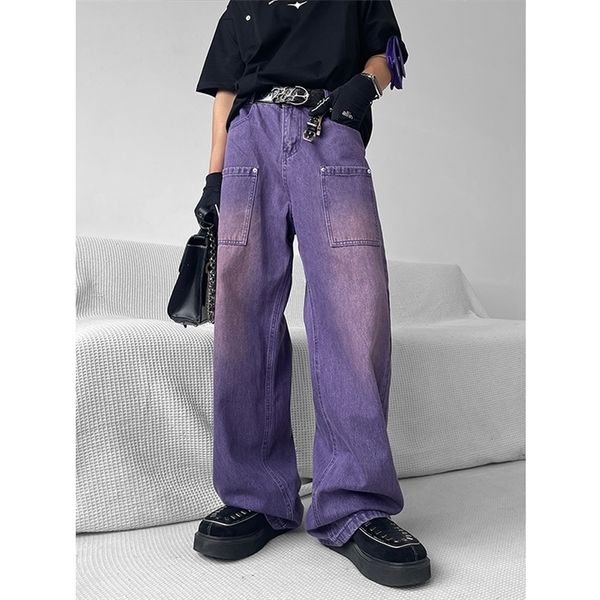 Damen Jeans Sommer Farbverlauf lila Vintage Jeans modische Taschen hohe Taillentaschen gerade Hosen High Street lässige Jeanshose mit weitem Bein 230404
