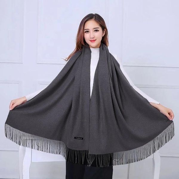 Lenços femininos cinza escuro pashmina cachecol macio sólido liso xale envoltório moda pescoço quente com franjas