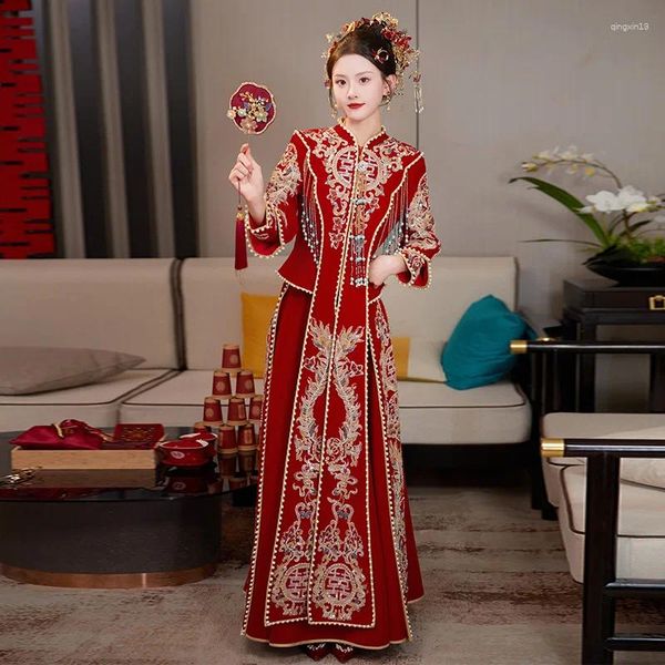 Abbigliamento etnico Velluto Cinese Antico Cheongsam da sposa Abito da sera con brindisi da sposa Abito Tang Set Hanfu Qipao Abito da festa formale