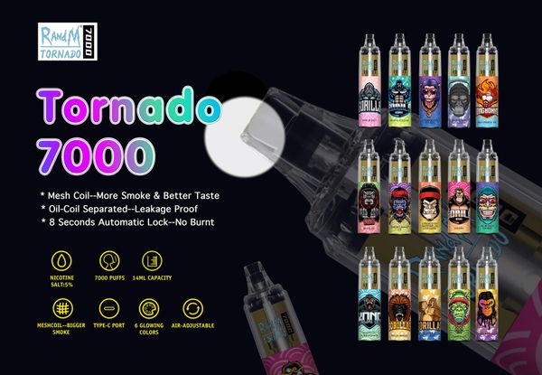 Orijinal Randm Tornado 7000 Puf Teslim Edilebilir Vape Kalem Elektronik Sigara 14ml Pod Feel Bobin 6 Parlayan Renkler Şarj Edilebilir Hava Düzeltilebilir Cihaz Puf 7000 Vape Kiti