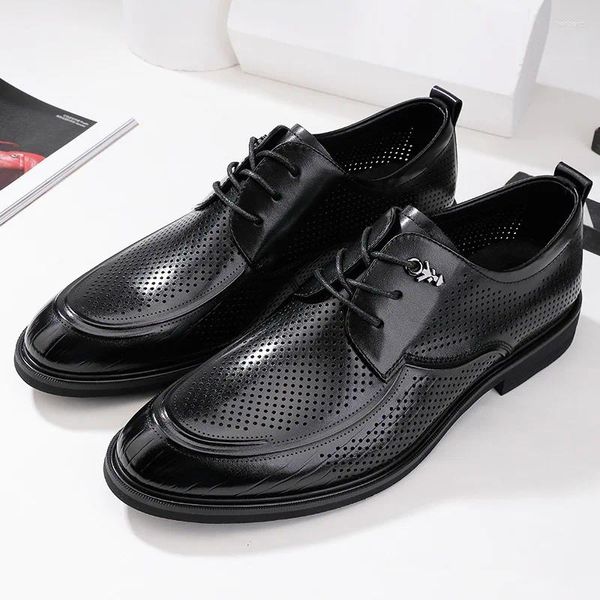 Sapatos de vestido verão respirável couro negócios sandálias oco out buraco genuíno casual homens derby zapatos 3a