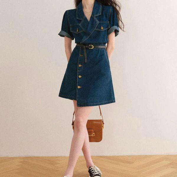 Jinqian Denim Elbise 2023 Tasarım İnce Bel Hissediyor, Kısa Kol, Küçük Art Figür Etek Moda