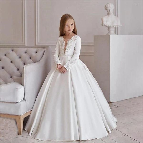 Mädchenkleider aus weißem Satin, schlichtes langärmeliges Blumenkleid mit Blumenaufklebern, für Hochzeit, Abschlussball, Ball, Festzug, Kindergeburtstag, Kommunion