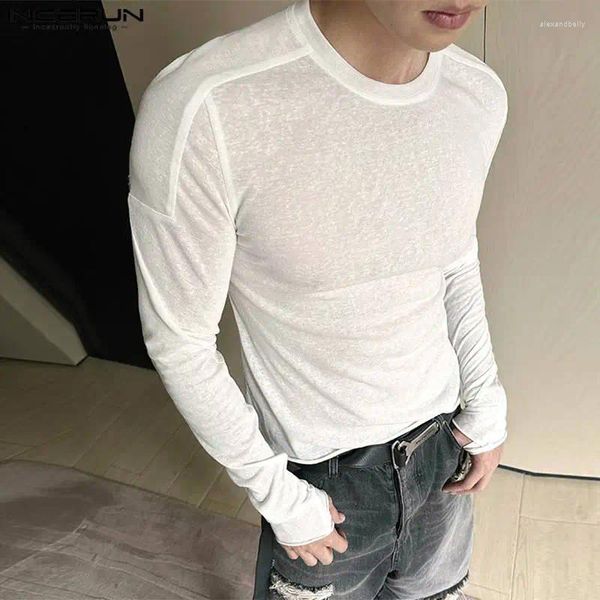 T-shirt da uomo INCERUN Top 2023 Uomini di stile coreano Bianco Micro trasparente T-shirt Casual ditale Design O-Collo a maniche lunghe Camiseta S-5XL