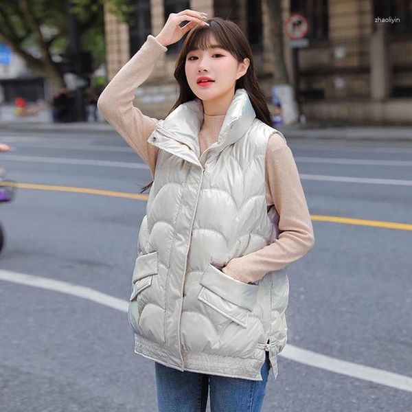 Coletes femininas 2023 outono inverno coreano colete solto para baixo algodão tecido brilhante vestindo menina quente estudante ao ar livre