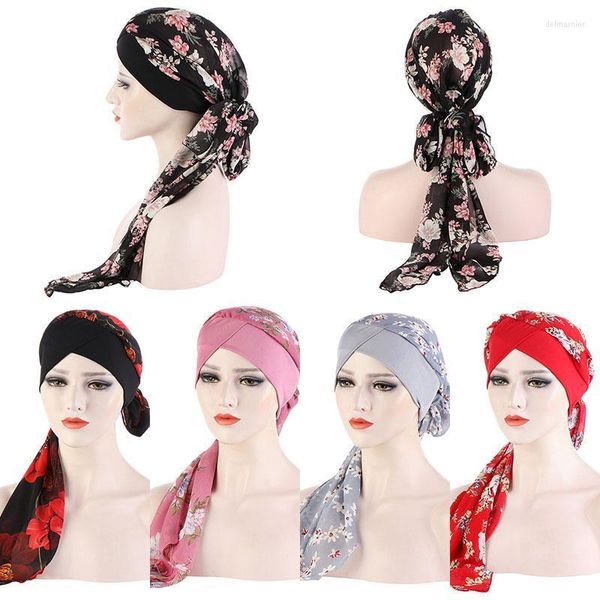 Mützen Beanie/Totenkopfkappen Damen Stilvolle Chiffon Lange Schwanzkappe Bunt Bedruckter Turban Hut Weicher Einfacher Allgleiches Pullover Großhandel Delm22