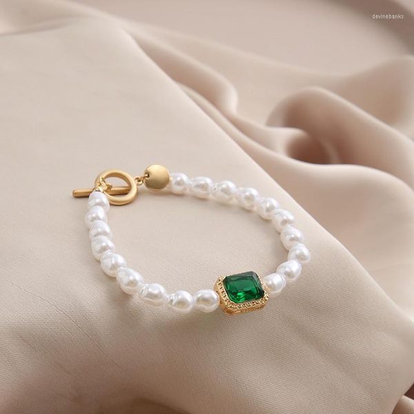 Strand Moda Sweet Inclaid Green Gemstone Pearl Bracelet for Women Bangles Jewellery