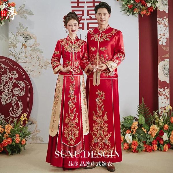 Abbigliamento etnico Yourqipao Cinese Xiuhe Cina Abiti da sposa tradizionali Abiti da sposa in rilievo con perline pesanti Coppia abiti antichi Set