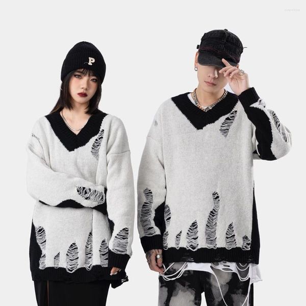 Suéteres masculinos moda de rua masculino homem oversized ripped rasgou malha gótica de manga comprida top spring pullovers harajuku y2k suéter