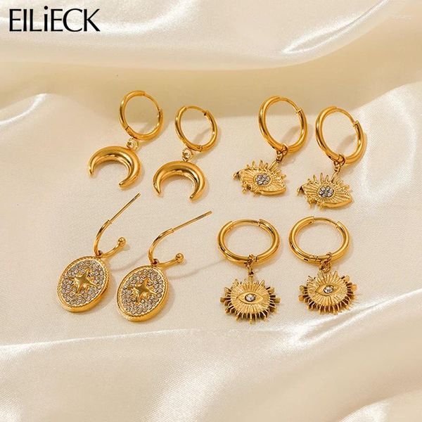 Creolen EILIECK 316L Edelstahl Gold Farbe Sonne Mond Stern Augenformen Für Frauen Vintage Mode Mädchen Ohren Schmuck Geschenk