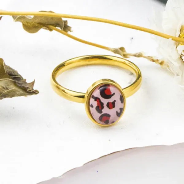 Anéis de cluster estilo punk cor rosa leopardo impressão anel de dedo para mulheres homens na moda acessórios de jóias de aço inoxidável presente personalizado