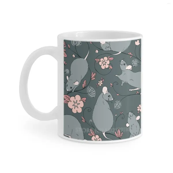 Tassen mit Blumenmuster, Ratte, dunkelgrau und rosa, weiß, Tasse, Kaffeetasse, Tee, Milch, Tassen, Geburtstagsgeschenk, Haustier, ausgefallen, Ratty, Ratto, Nagetier, Mäusemäuse